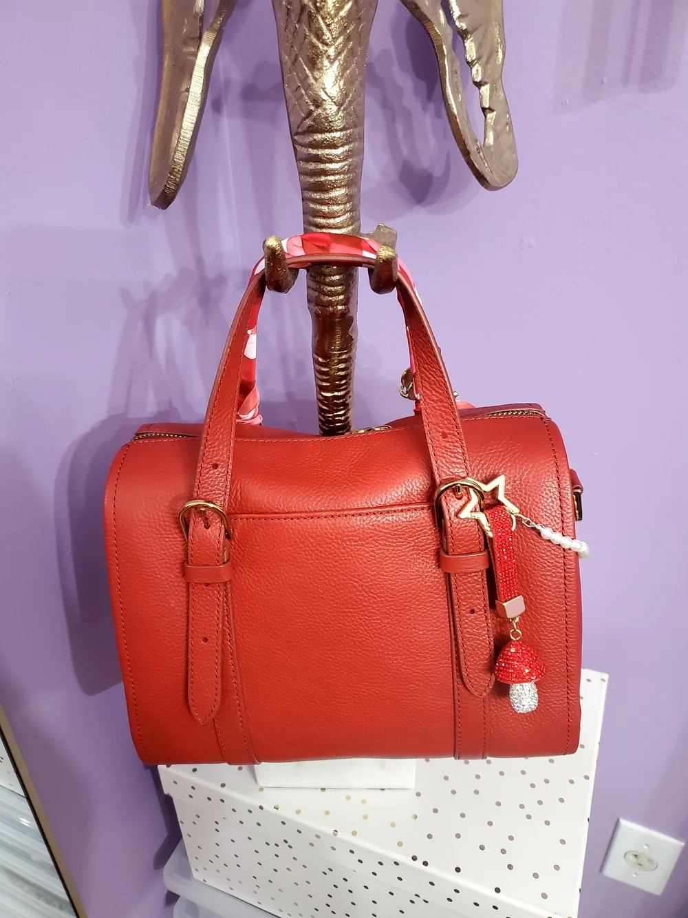 Red Leather Satchel Handbag with Decorative Charms